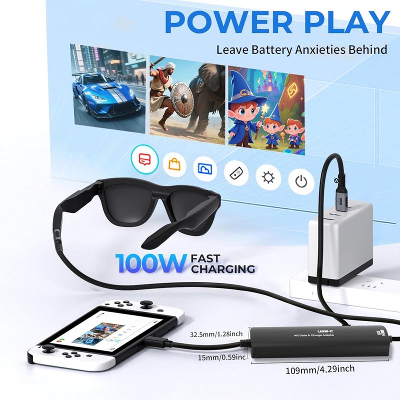 Guermok 5-in-1 USB-C to AR Glasses Adapter, 100W PD Fast Charging, 8K@60Hz Video, USB/USB-C Ports – Works with AR Glasses Devices, Handheld Consoles, Switch, USBC Phones and Laptops, Black - Image 2
